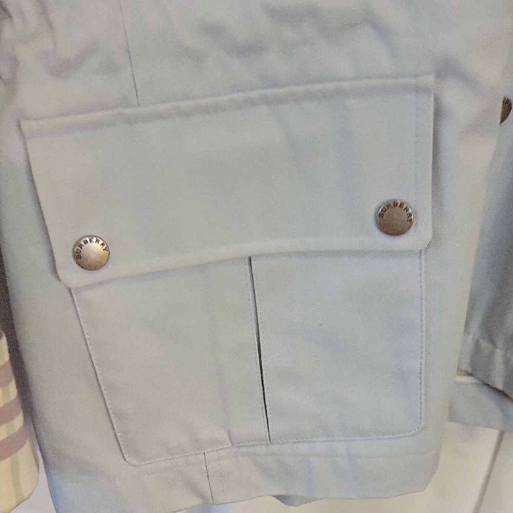 Burberry Light Blue Trench Coat with Plaid Accents - Picture 4 of 10